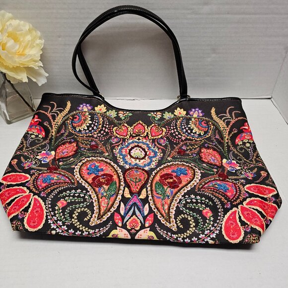 Womens Isabella Fiore Floral Flower Paisley Embroidered Beaded Tote Shoulder BAG - Picture 1 of 16